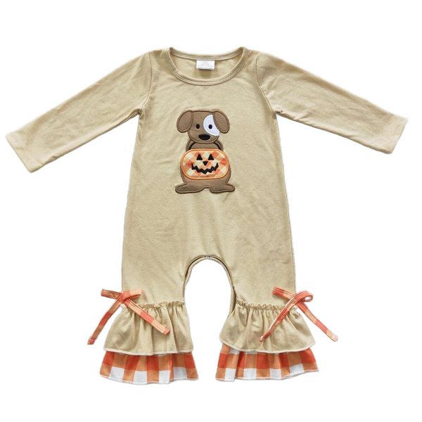 "Puppy Dog Pumpkin" Boho Plaid & Frills Fall Baby Romper - The Palm Beach Baby