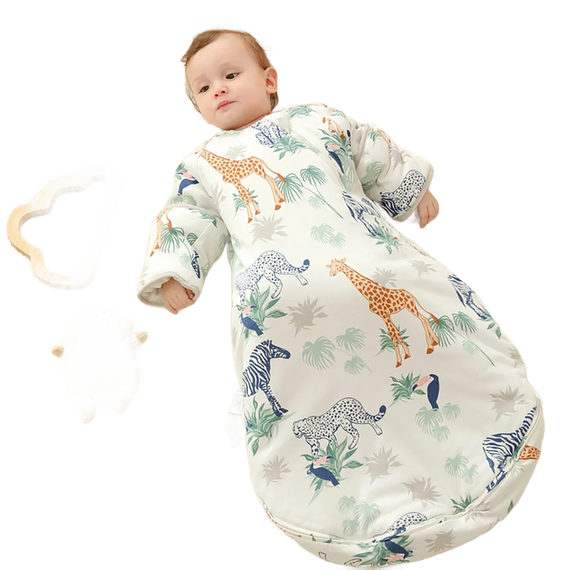 Cozy Baby Sleep Sack With Detachable Sleeves displayed in a collection of vibrant animal prints, great for stylish bedtime wear for toddlers.