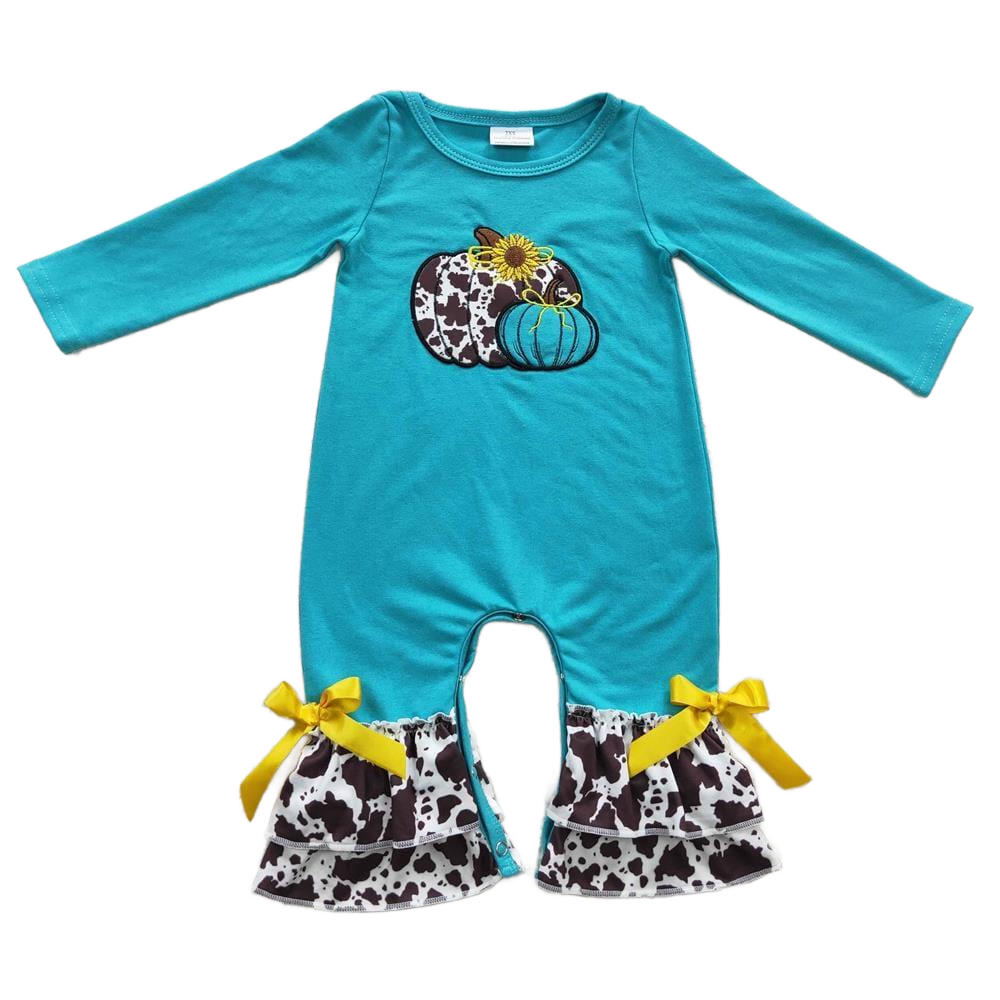 "Pumpkin Girl" Boho Fall Baby Romper - Leopard Blue - The Palm Beach Baby