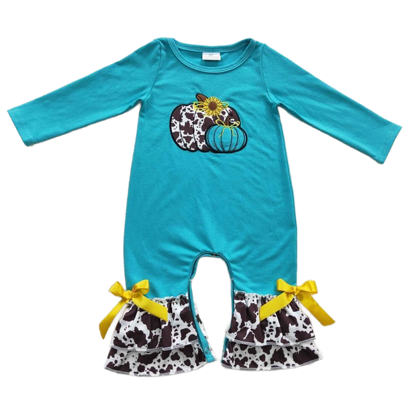 "Pumpkin Girl" Boho Fall Baby Romper - Leopard Blue - The Palm Beach Baby