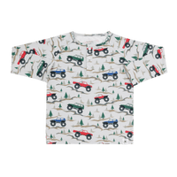 White raglan henley for kids featuring a monster truck and pine tree print with a buttoned front placket for comfort.