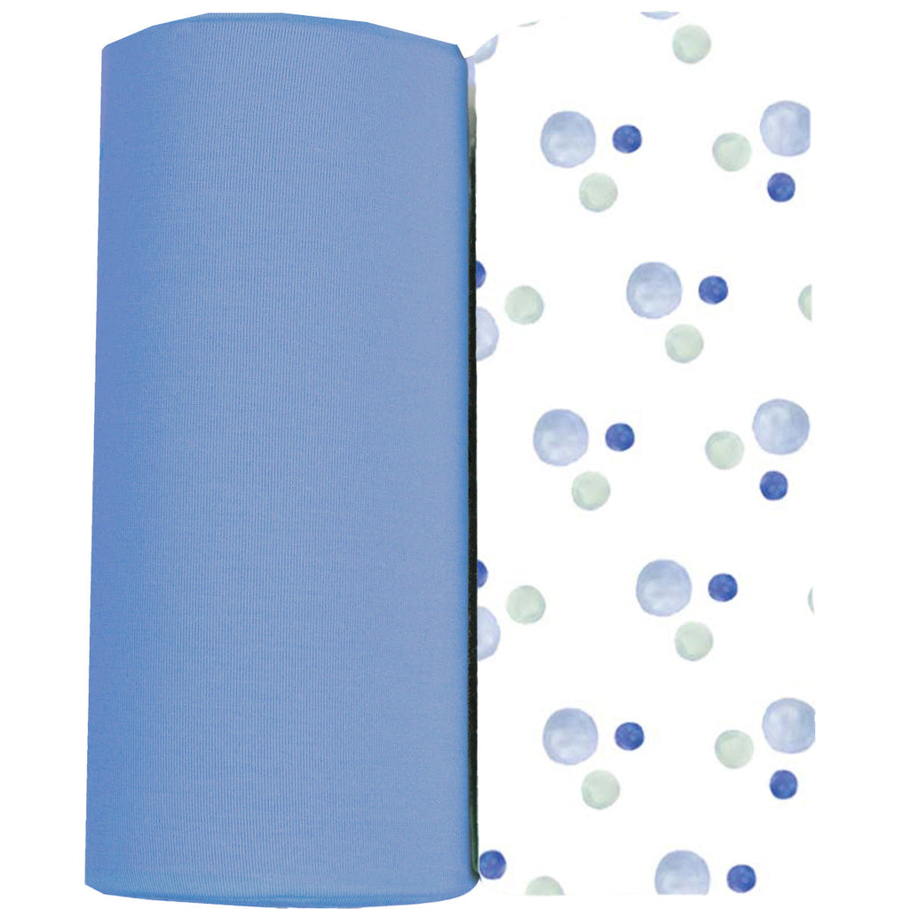 Oxford & Denim 2 PK Swaddle Blanket featuring a blue solid fabric paired with a playful dotted print, perfect for newborns. Ideal for swaddling, napping, and stylish comfort.