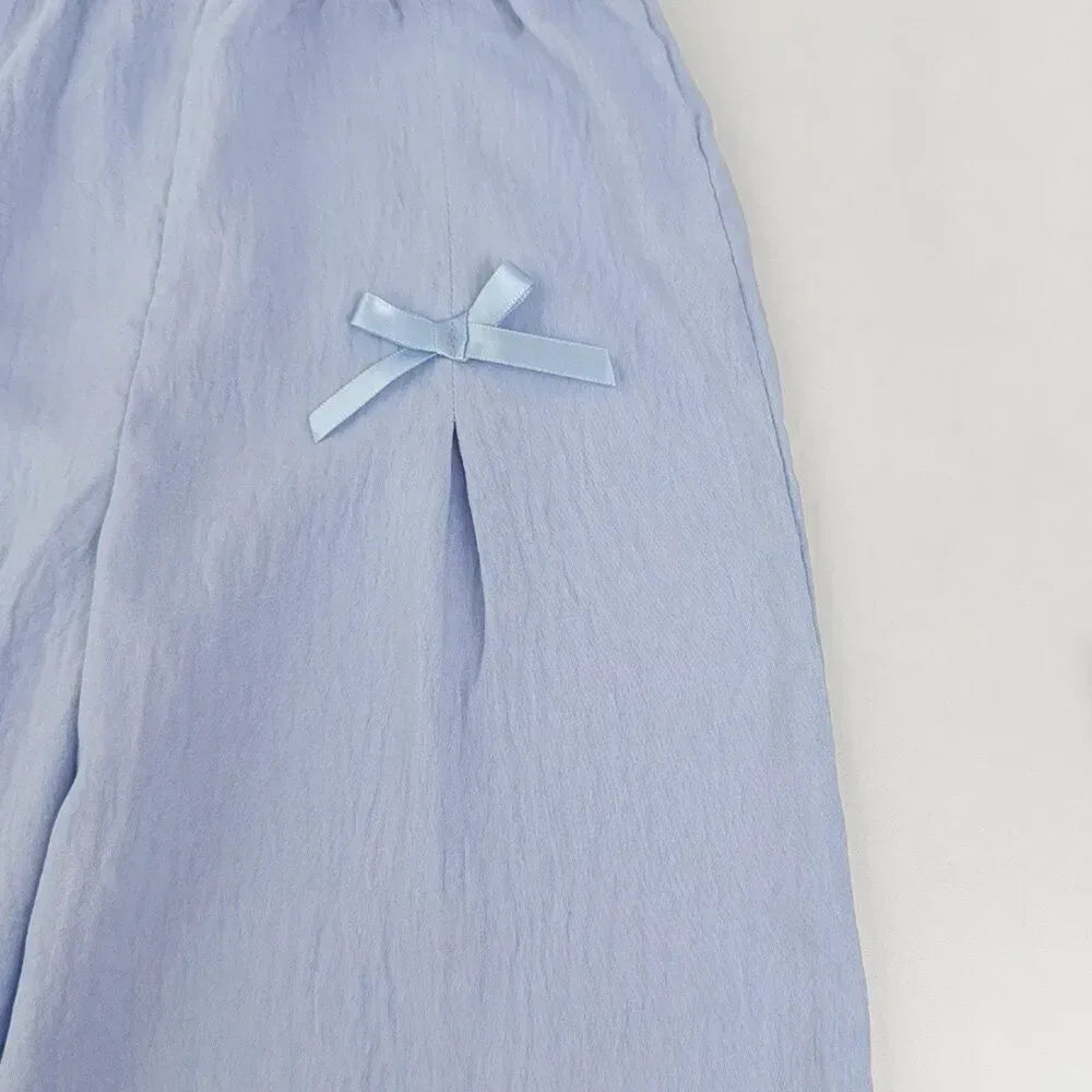 baby blue pant set with small ribbon bow detail for infants