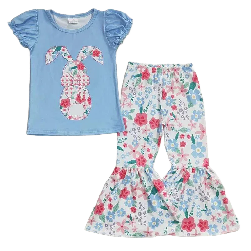 toddlers blue short sleeve top with floral bunny and floral bell-bottom pant set