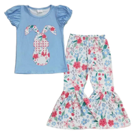 toddlers blue short sleeve top with floral bunny and floral bell-bottom pant set