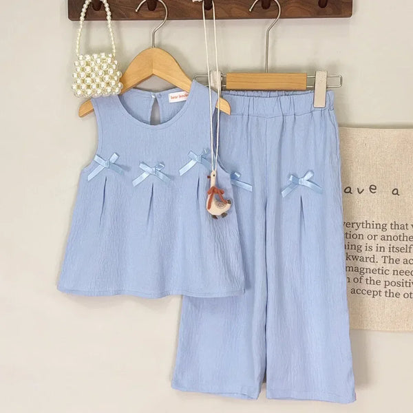 baby blue pant set with sleeveless top and bows for toddlers