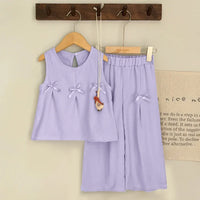 toddler lavender pant set with sleeveless top and bows for girls