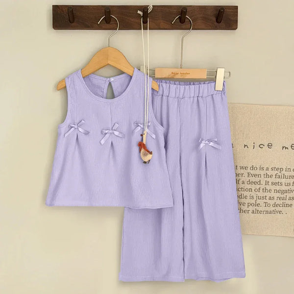 toddler lavender pant set with sleeveless top and bows for girls