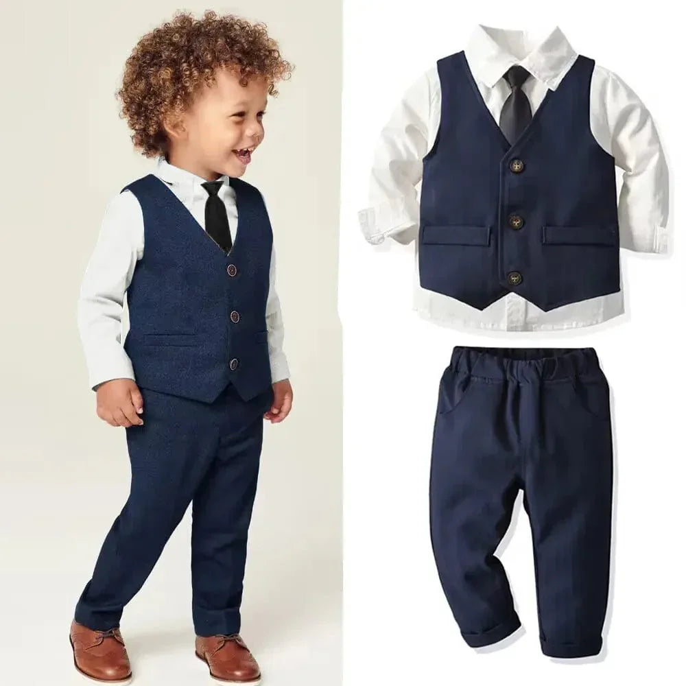 toddler boys navy pant set with vest white shirt and black tie formal outfit