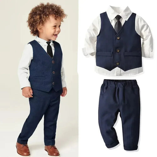 toddler boys navy pant set with vest white shirt and black tie formal outfit