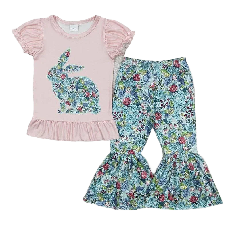 toddler girls pink short sleeve top with floral bunny and floral bell bottom pant set