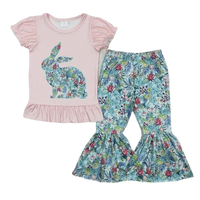 toddler girls pink short sleeve top with floral bunny and floral bell bottom pant set