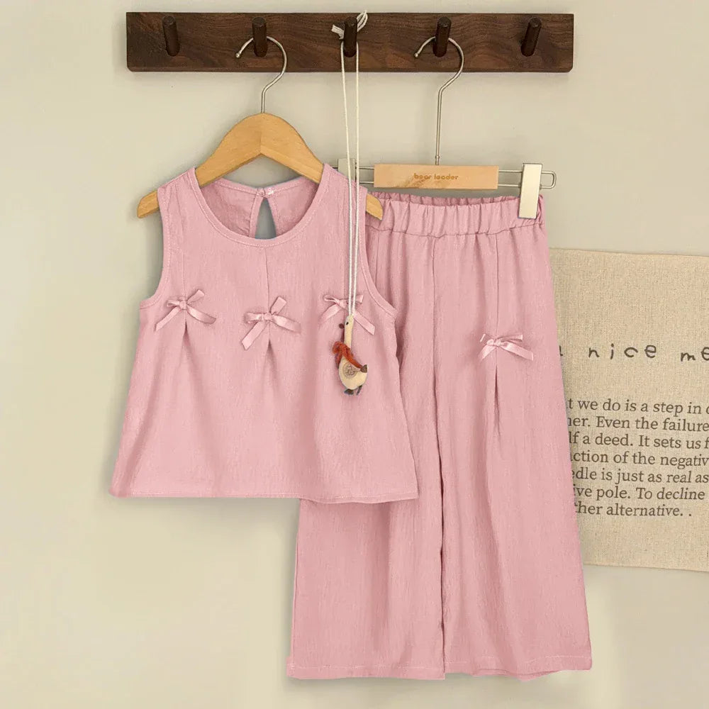 toddler pink pant set with sleeveless top and bow details for babies and kids