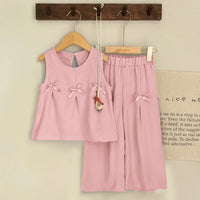 toddler pink pant set with sleeveless top and bow details for babies and kids