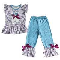 toddler girls pant set with purple ruffle top featuring bunny face and blue polka dot pants with ruffle hems and bows