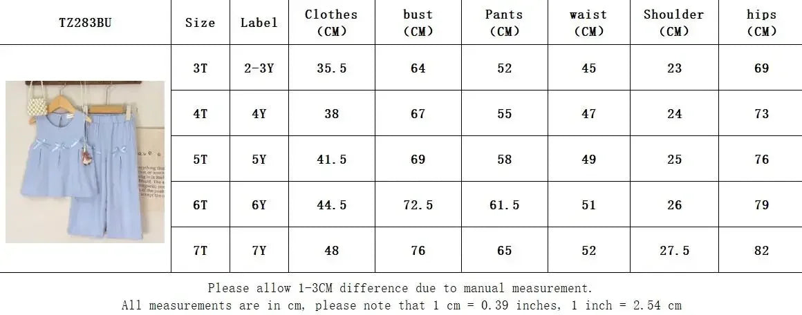 Blue pant set for kids ages 2 to 7 with short-sleeve top and elastic waist pants