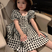 baby black and white checkered party dress with puff sleeves for toddlers