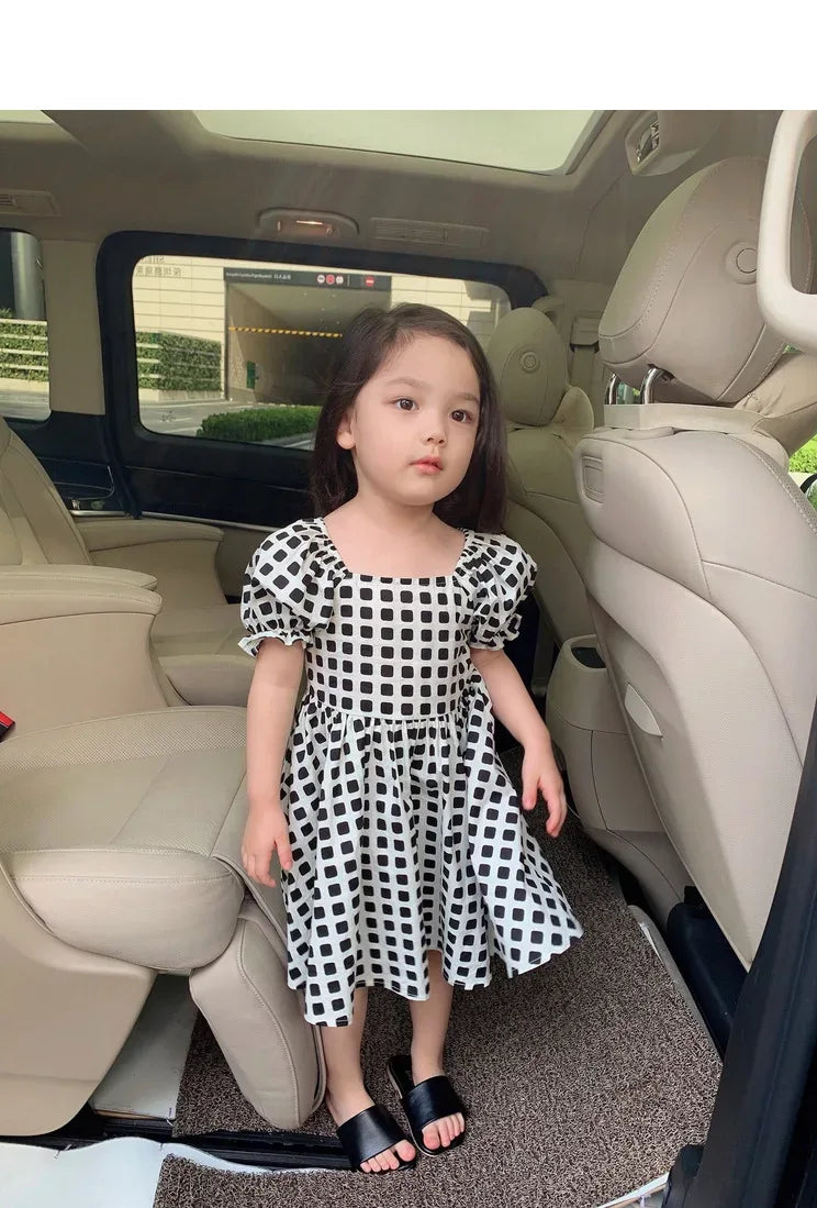 toddler girls black and white checkered party dress with puff sleeves size 2T