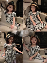 Toddler girls black and white checkered party dress with puff sleeves, age 2-3 years
