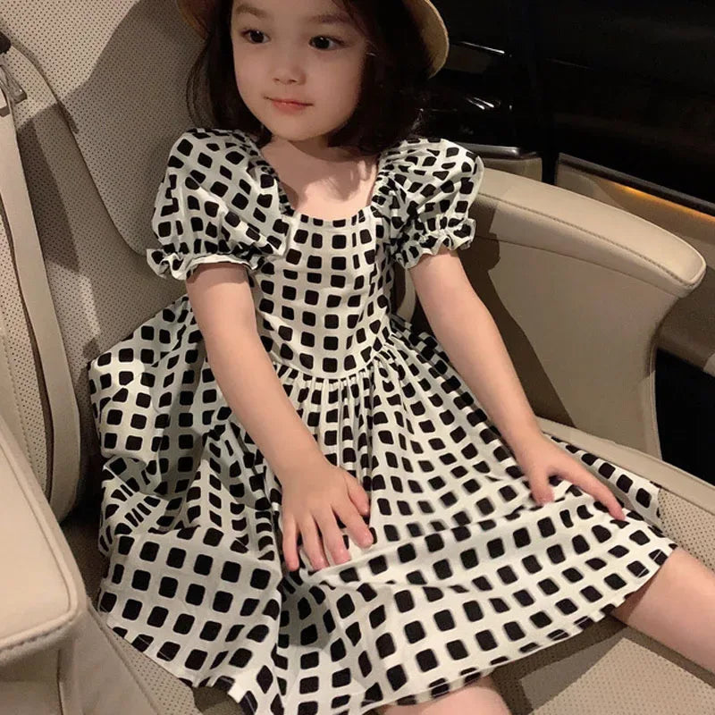 baby girls black and white checkered party dress with puff sleeves, toddler size