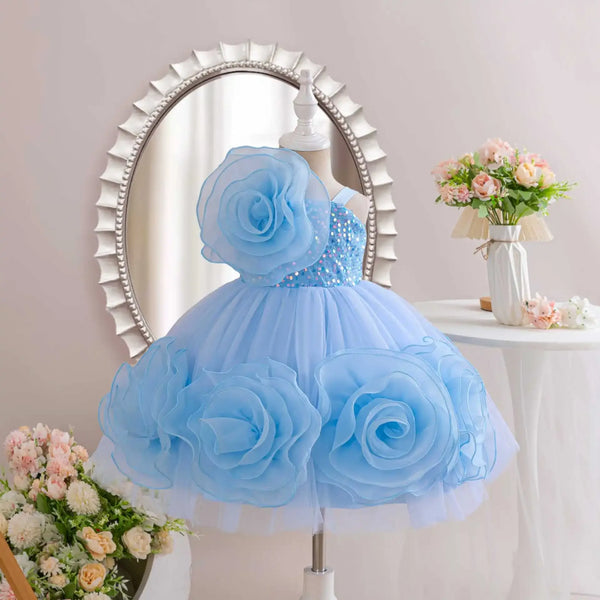 baby girls blue party dress with large flower appliques and sequin bodice toddler size