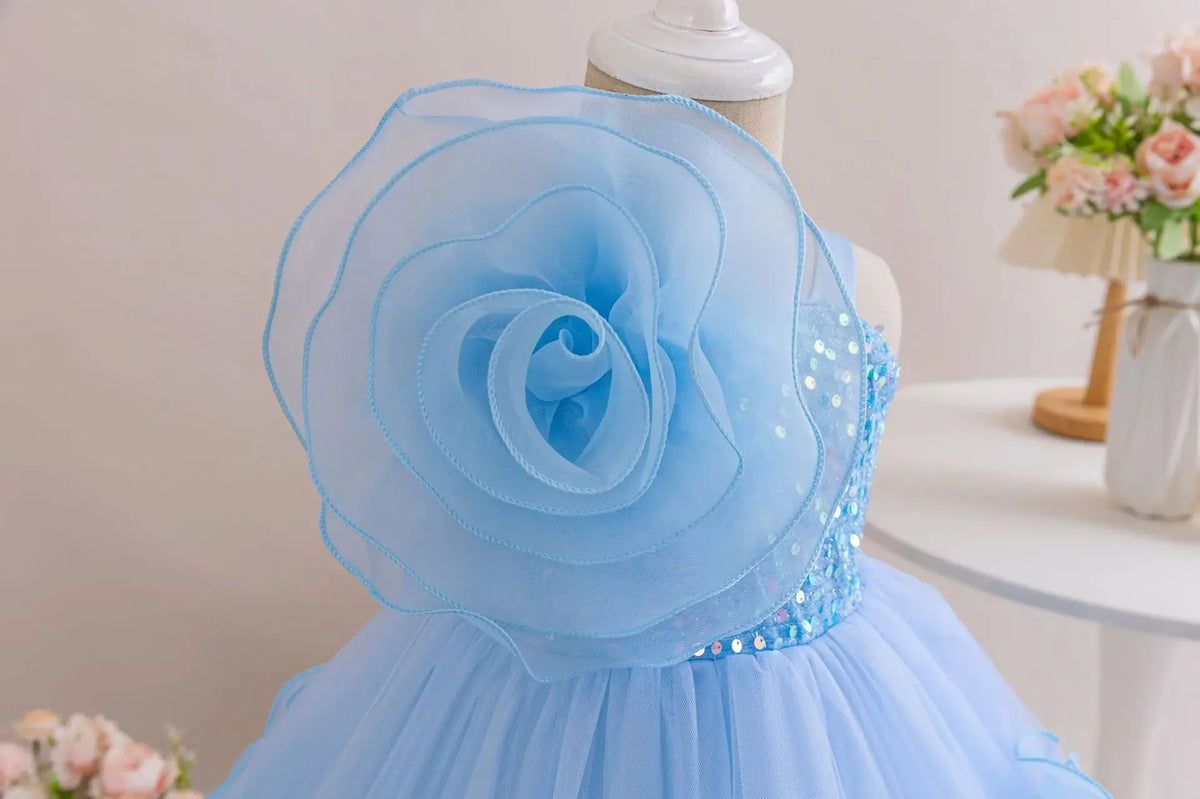 baby blue party dress with large organza flower and sequin bodice for toddlers