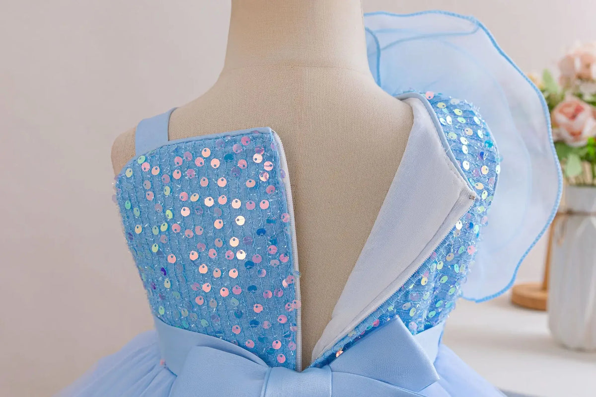 baby blue party dress with sequins and bow detail for toddlers