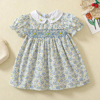 Baby girls blue floral party dress with white collar and puff sleeves size 6-12 months