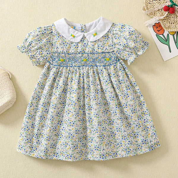Baby girls blue floral party dress with white collar and puff sleeves size 6-12 months