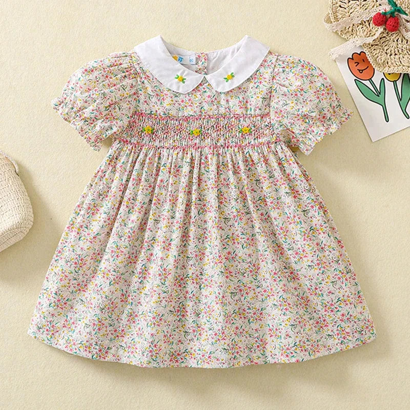 baby girls floral party dress with white collar and puff short sleeves