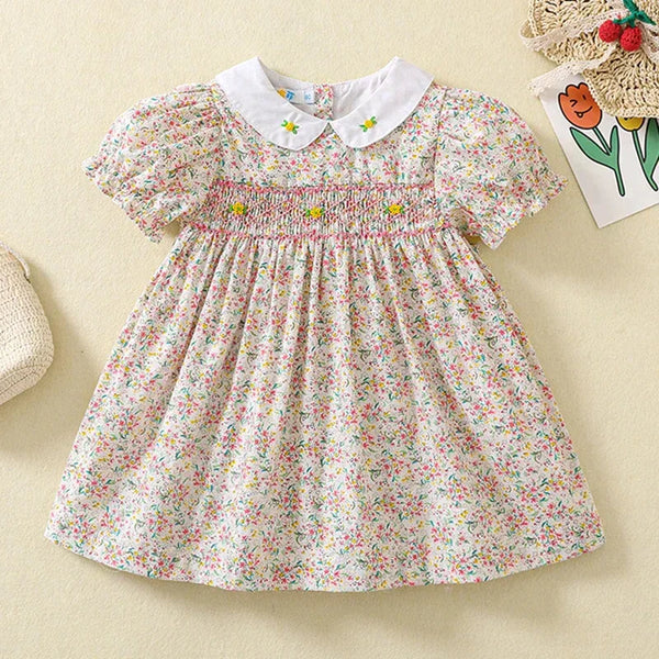 baby girls floral party dress with white collar and puff short sleeves