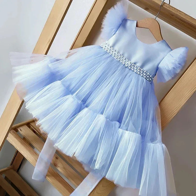 baby blue party dress with tulle skirt and pearl waist detail for infants and toddlers