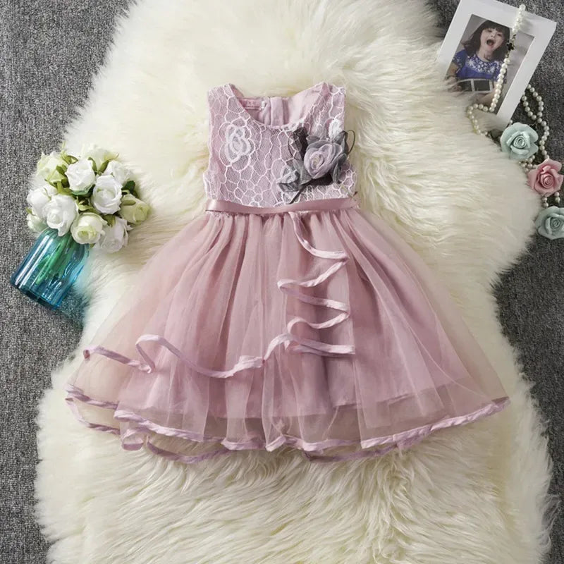 Pink toddler party dress with lace bodice and floral detail sleeveless girls dress