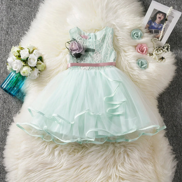 Girls light blue party dress with floral decoration and layered tulle skirt for toddlers