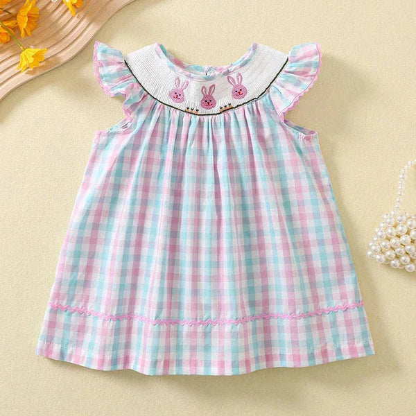 baby girls pastel plaid party dress with embroidered bunny and ruffle sleeves
