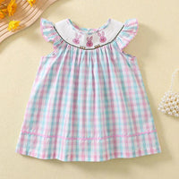 Toddler girls pastel pink and blue checkered party dress with ruffled sleeves and bunny embroidery
