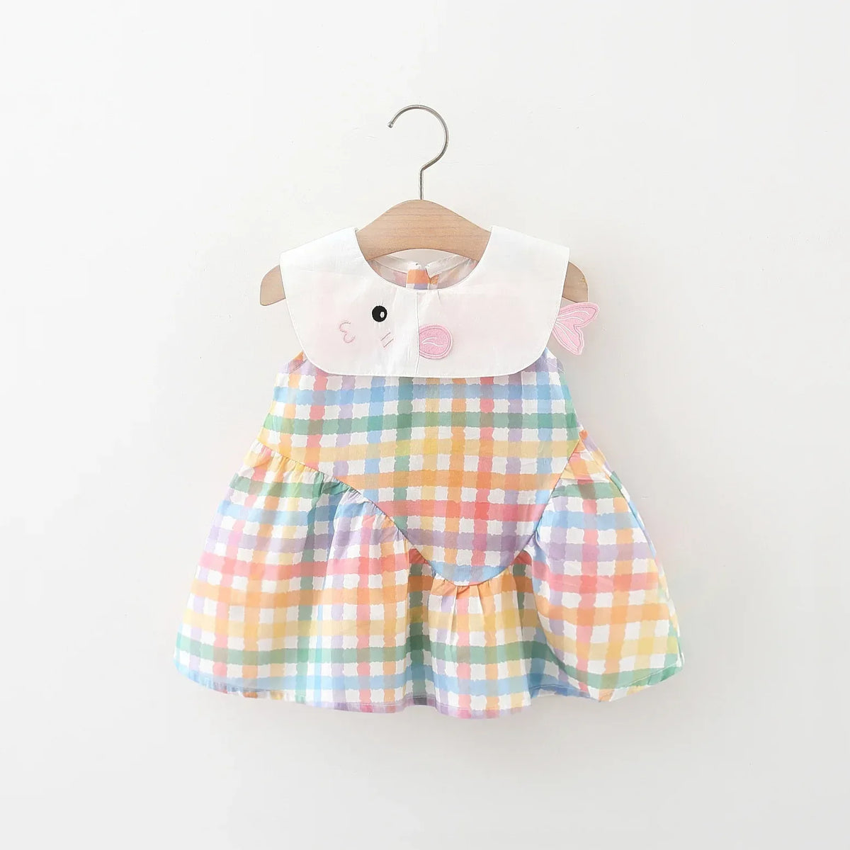 baby girls pastel checkered party dress with white collar and embroidered details