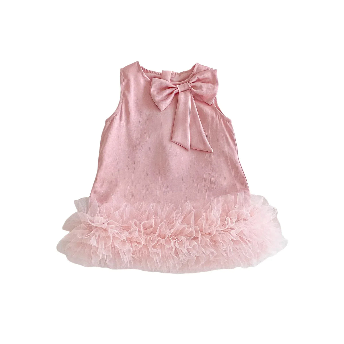 baby pink party dress with bow detail and ruffled tulle skirt for infants