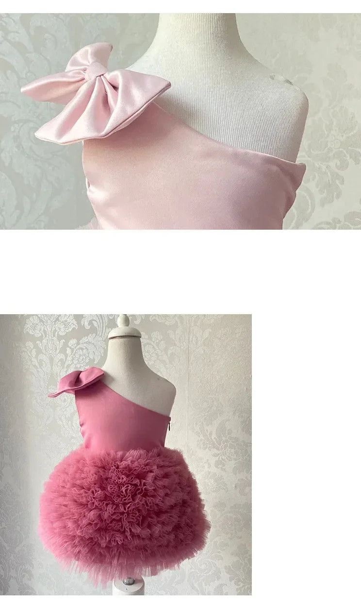 Toddler girls pink party dress with one shoulder bow and fluffy tulle skirt