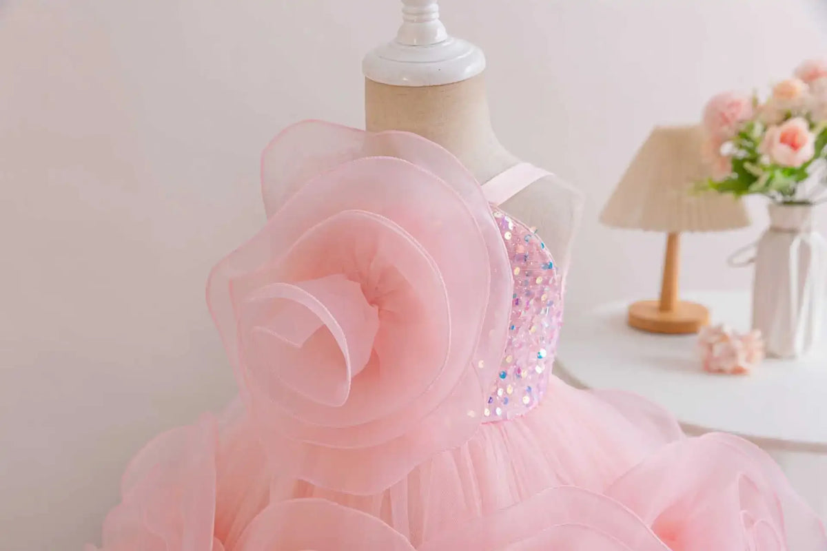 Baby girls pink party dress with large ruffle flower and sequined bodice for toddlers