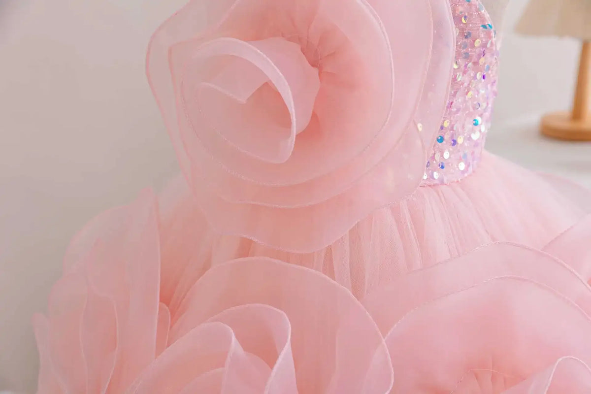 Pink baby party dress with large organza flower and sequined bodice for infants