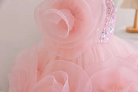Pink baby party dress with large organza flower and sequined bodice for infants