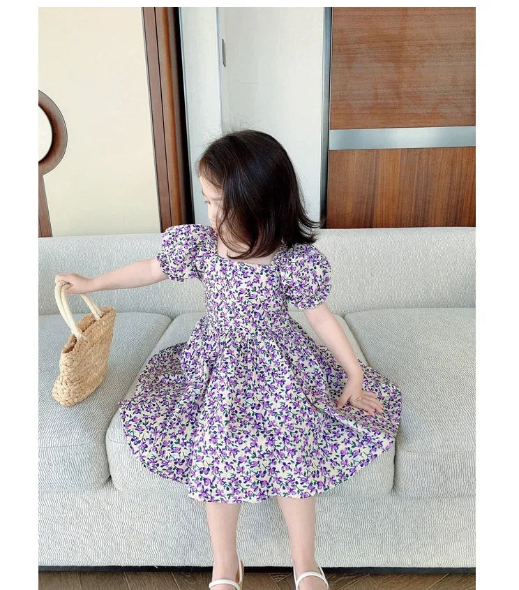 toddler girls purple floral party dress with puff sleeves and gathered waist