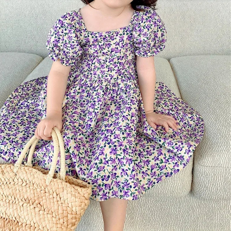 baby girls purple floral party dress with puff sleeves and square neckline size 12-18 months
