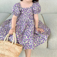 baby girls purple floral party dress with puff sleeves and square neckline size 12-18 months