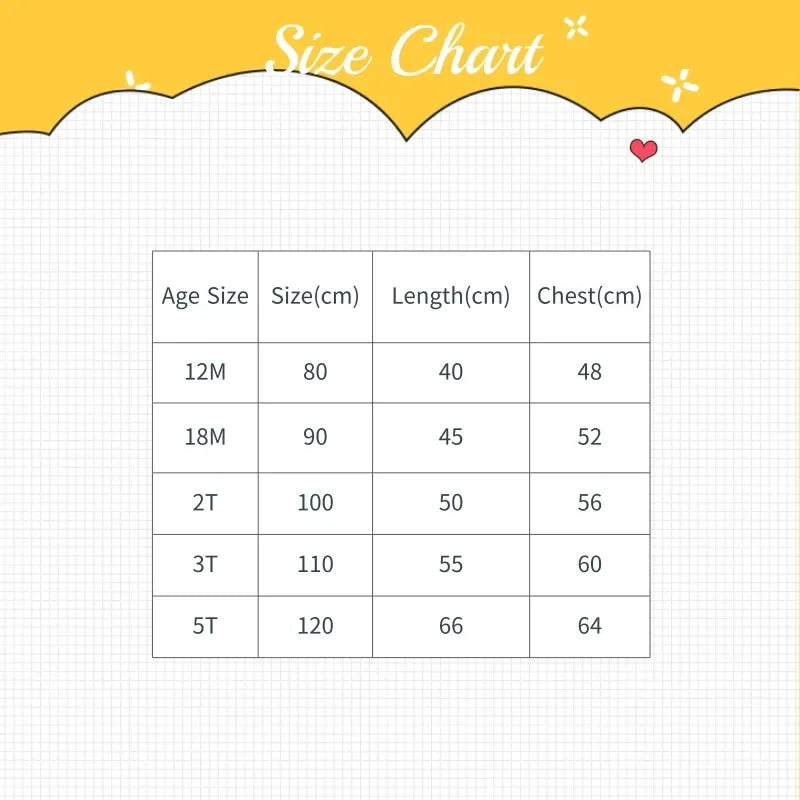 Size chart for babies and kids party dress showing age sizes 12M to 5T with length and chest measurements