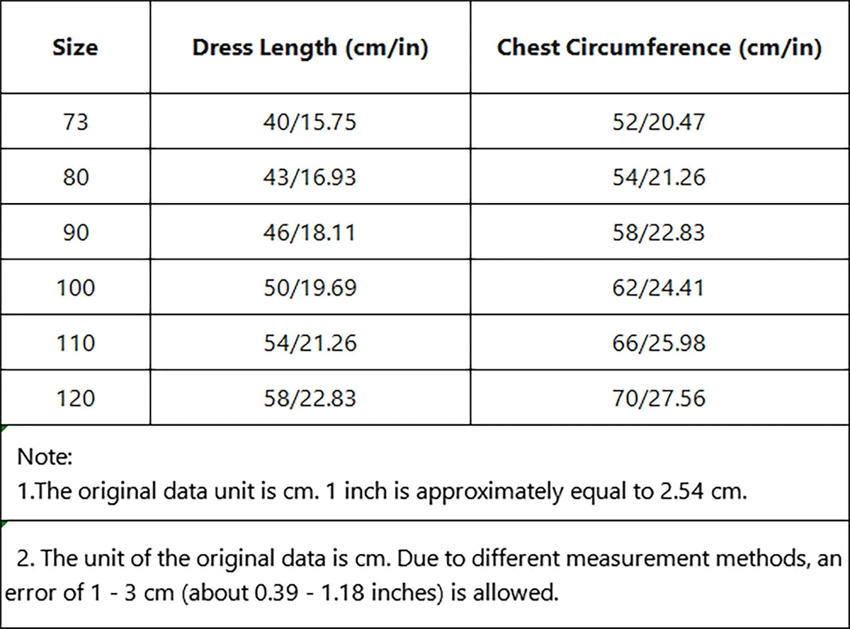 Size chart for babies and kids party dress showing dress length and chest circumference in cm and inches