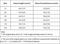 Size chart for babies and kids party dress showing dress length and chest circumference in cm and inches