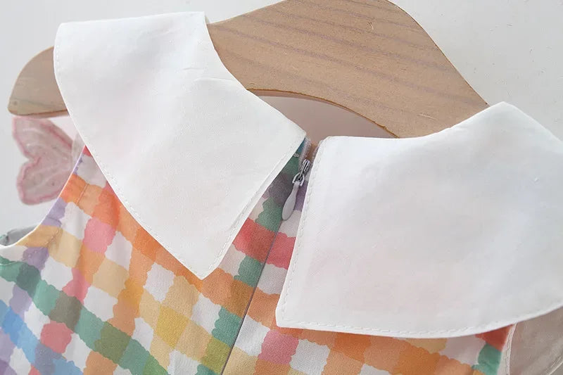 Girls colorful checkered party dress with white peter pan collar for toddlers