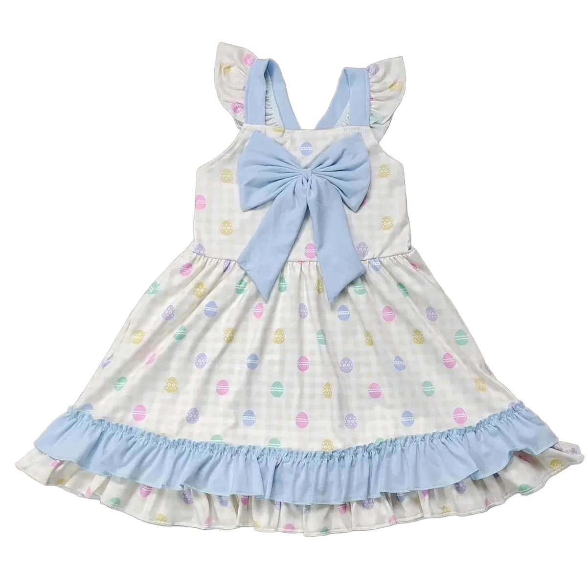 Girls pastel Easter party dress with large blue bow and ruffle hem, toddler size